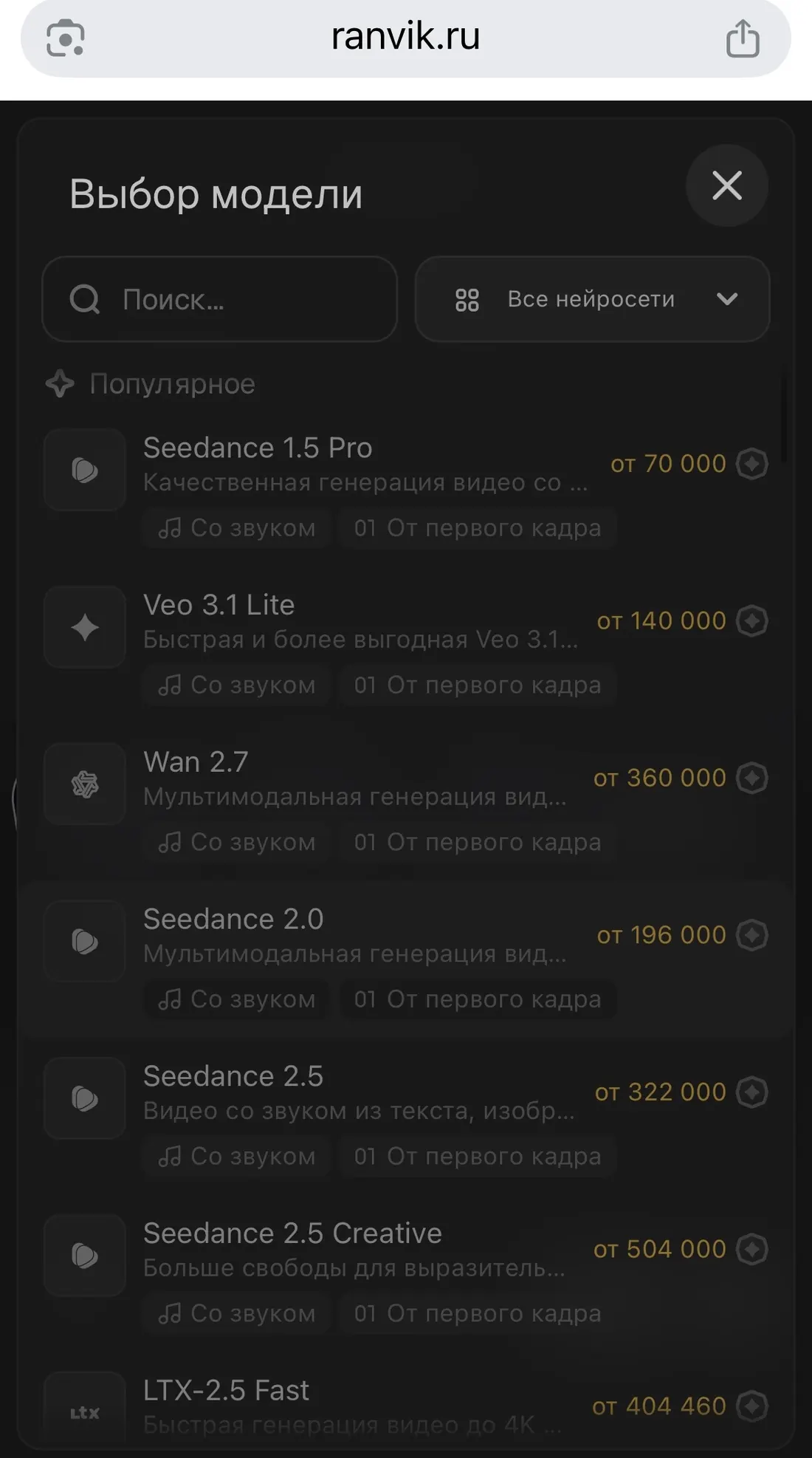 Видеомодели и стоимость генерации в RANVIK